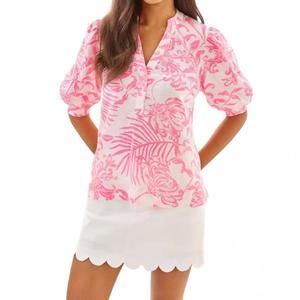 NEW LILLY PULITZER mialeigh elbow sleeve linen top in rousseau pink glisten in t